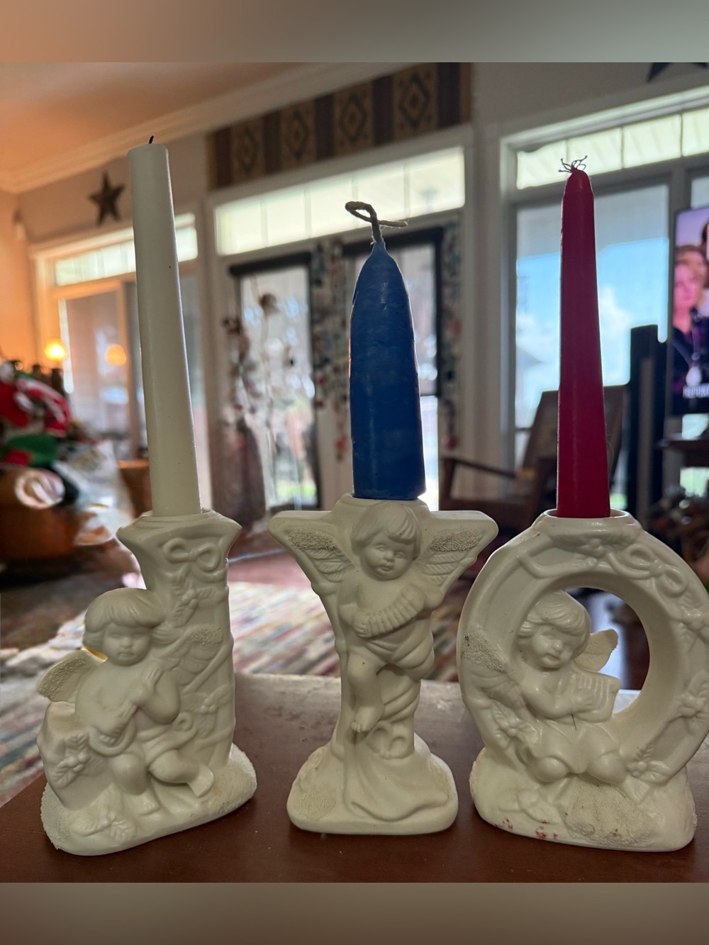 Vintage Cherub Bisque Porcelain Joy Angels Candlestick Holder Set Of 3